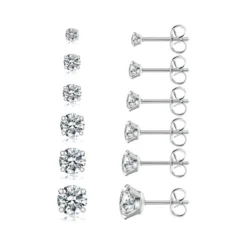6 Pairs Stud Earrings Set, Hypoallergenic Cubic Zirconia 316L Earrings Stainless Steel CZ Earrings 3-8mm (Steel color)
